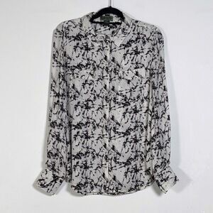 2OH Threads 100% Silk Shirt Top Womens Sz L White & Black Button Up Long Sleeve